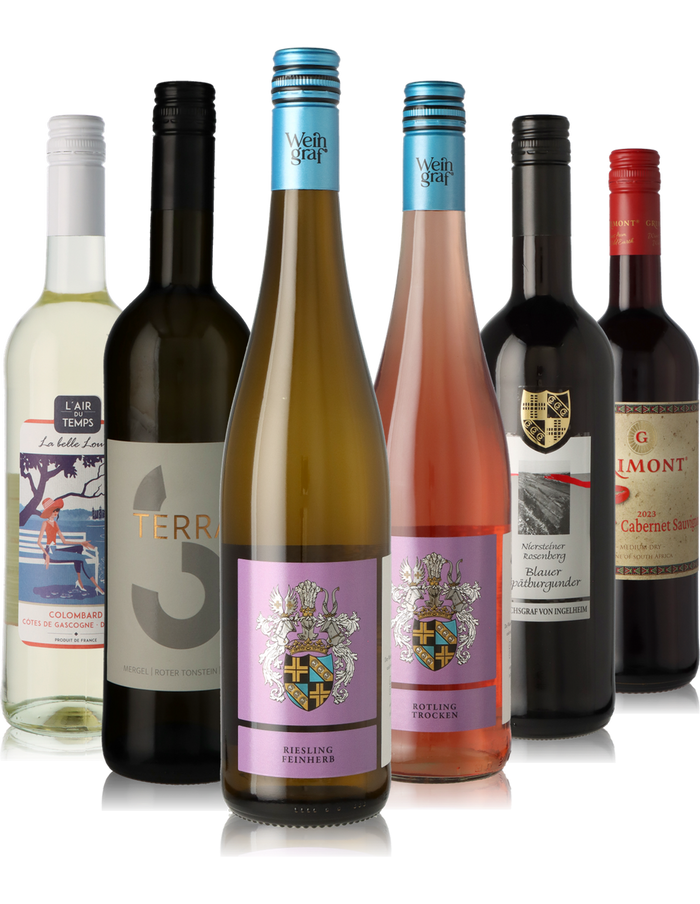 6er Weinpaket international, halbtrocken & feinherber Wein, weiß, rosé, rot